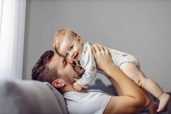 Young Handsome Father Holding His Beloved Little Son Playing Him — Stock Photo, Image