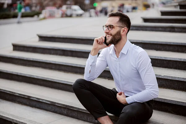 Young Man Elegantly Dressed Sitting Stairs Having Phone Conversation — Stock Photo, Image