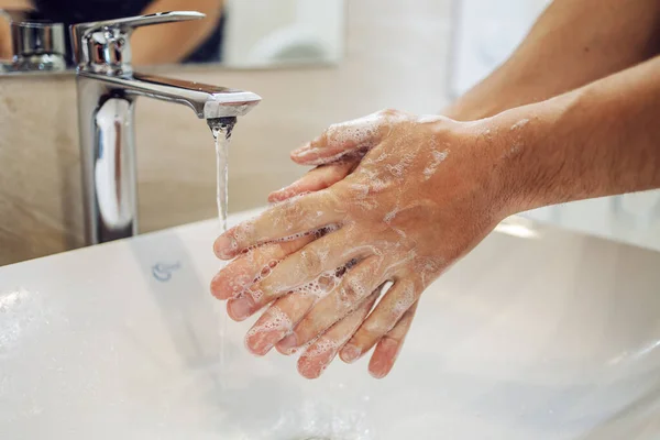 Lavarse Las Manos Frotándose Con Jabón Hombre Para Prevención Del —  Fotos de Stock