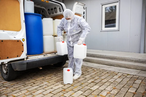 Especialista Ternos Perigo Preparando Para Limpar Desinfectar Epidemia Células Coronavírus — Fotografia de Stock