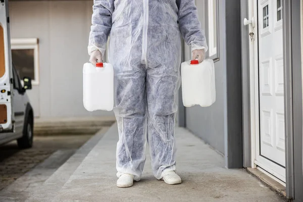 Especialista Ternos Perigo Preparando Para Limpar Desinfectar Epidemia Células Coronavírus — Fotografia de Stock