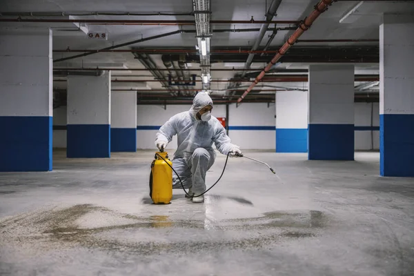 Sanitizing Interior Surfaces Garage Cleaning Disinfection Buildings Coronavirus Epidemic Professional — Stock Photo, Image