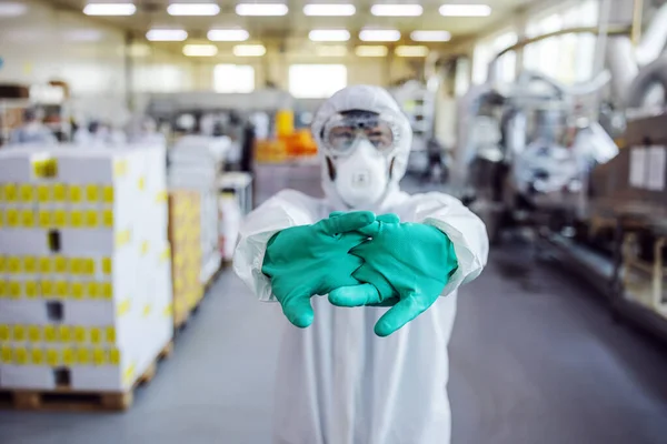 Young Worker Protective Sterile Suit Standing Food Factory Hands Foreground — Stock Photo, Image