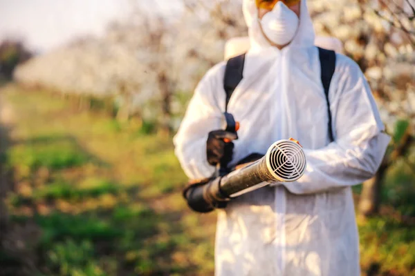 Farmer in protective suit and mask walking trough orchard with pollinator machine on his backs and spraying trees with pesticides. Selective focus on machine.