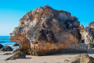 Vahşi yaz okyanus plaj, Portekiz. Açık gökyüzü, kum buzlu