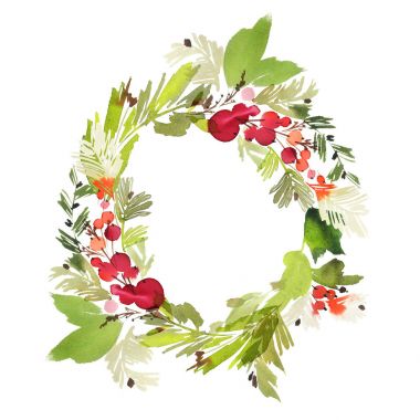 Böğürtlenli Noel çelengi suluboya kartpostal.