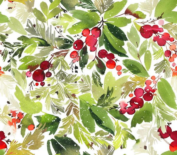 Płynny akwarelowy wzór świąteczny z jagodami i świerkiem — Zdjęcie stockowe