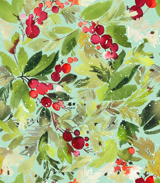 Nahtloses Aquarell-Weihnachtsmuster mit Beeren und Fichten — Stockfoto