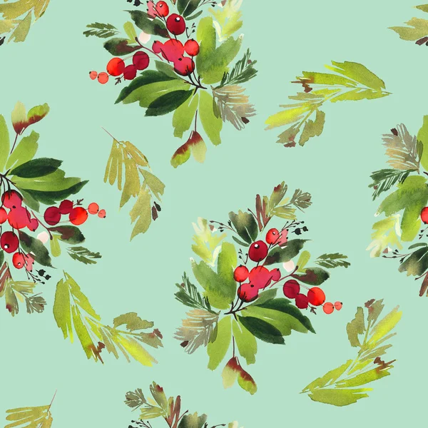 Seamless watercolor Christmas pattern with berries and spruce — Stock Photo, Image