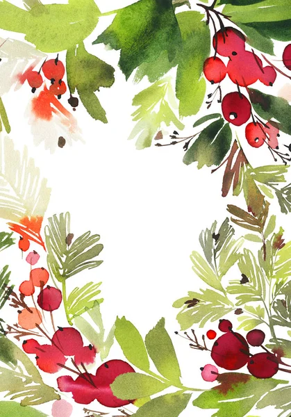 Christmas watercolor card with spruce and berries. — Stock Photo, Image