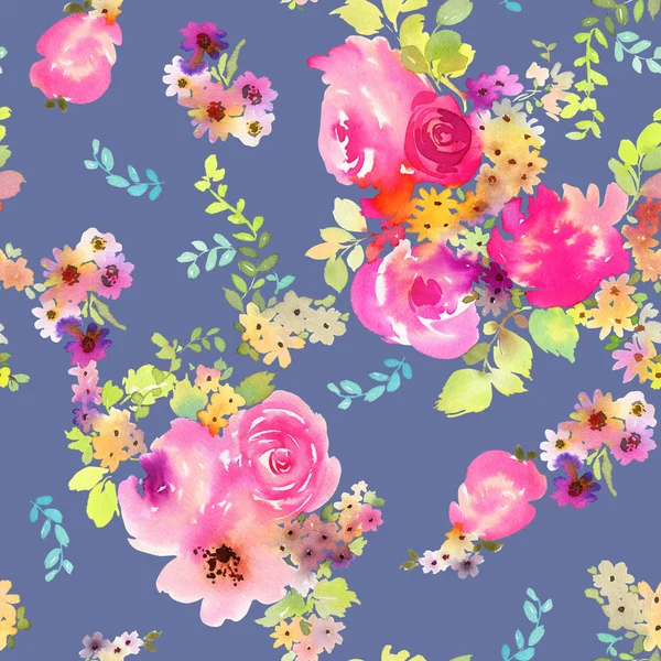 Seamless summer pattern with watercolor flowers handmade. — Stock Photo, Image