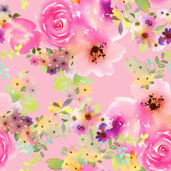 Seamless summer pattern with watercolor flowers handmade. — Stock Photo, Image