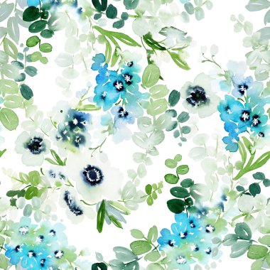 Deniz şakayıkları ve narin bahar çiçekleriyle kusursuz suluboya deseni.. 