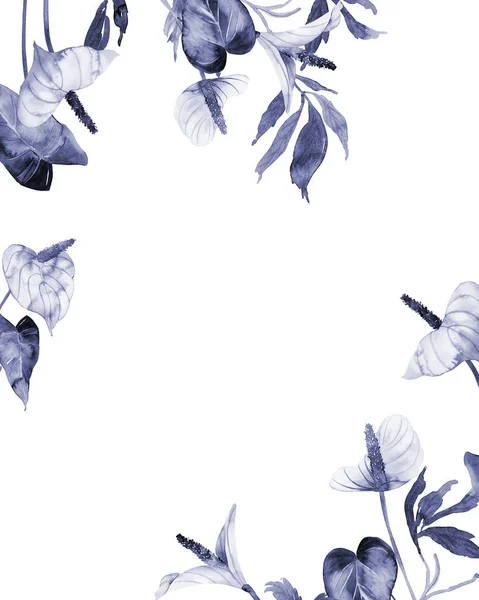 Aquarel Kaart Met Tropische Monochrome Bloemen Witte Achtergrond Kopieerruimte — Stockfoto