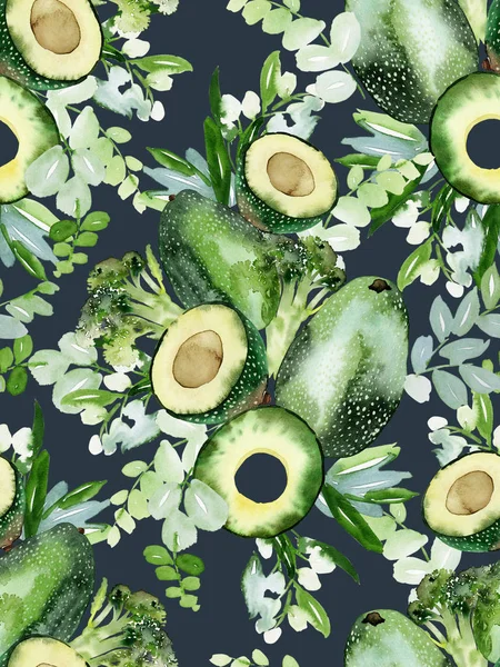 Bezešvý Vzor Avokádem Brokolicí Listy Akvarel Pro Zdobení Ručníků Kuchyně — Stock fotografie