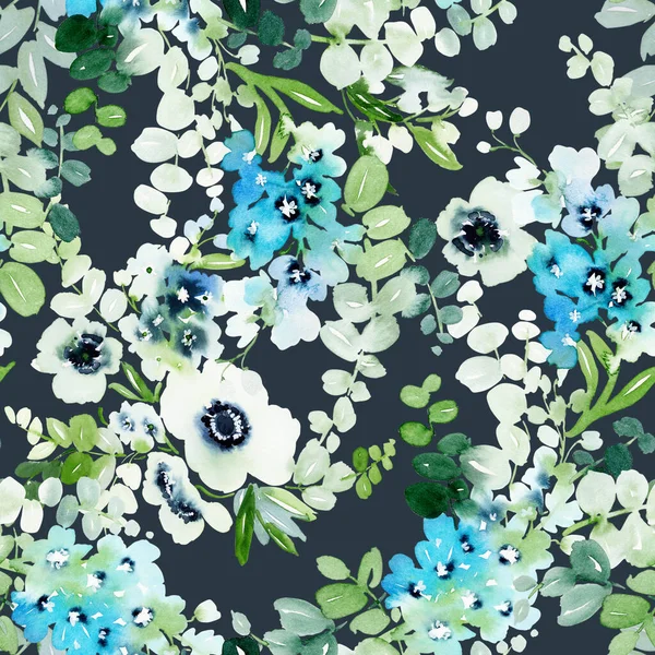 Безшовний Акварельний Візерунок Анемонами Ніжними Весняними Квітами Зеленому Синьому Кольорах — стокове фото