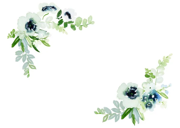 Aquarelle Cadre Floral Avec Anémones Sur Fond Blanc Pour Les — Photo