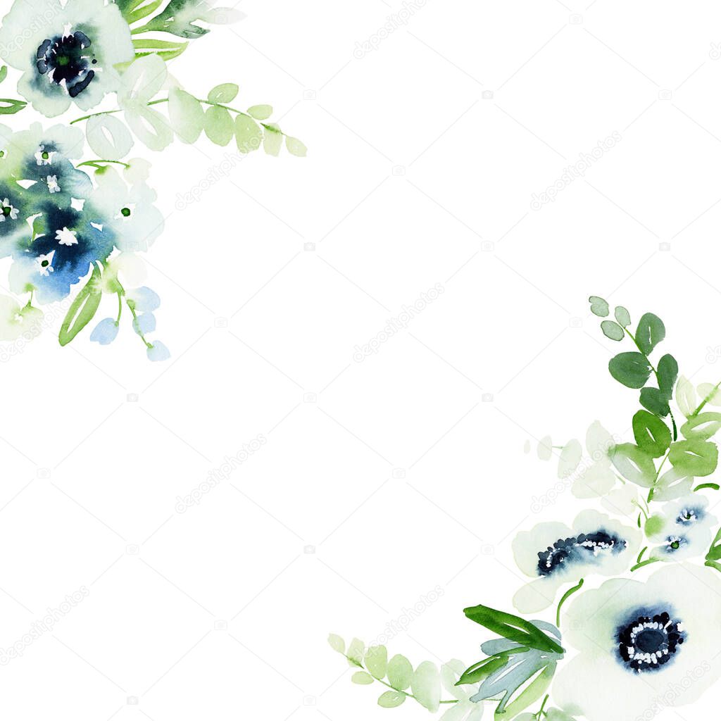 Watercolor card with anemones on white background for wedding invitations. Copy space