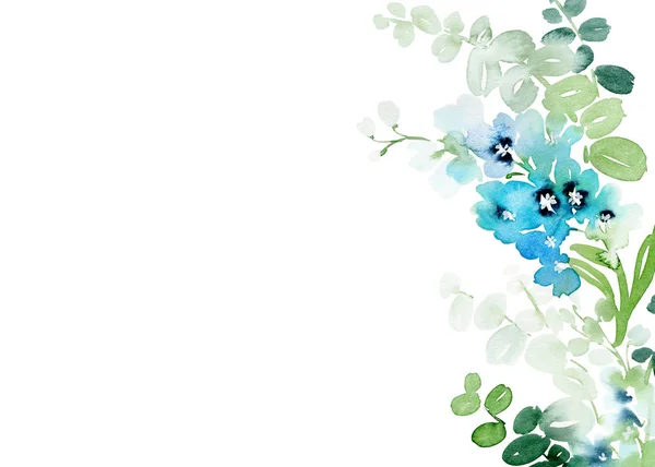Cartão Aquarela Suave Com Flores Azuis Primavera Fundo Branco — Fotografia de Stock