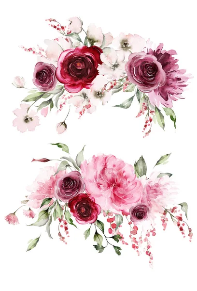 Uppsättning Akvarell Buketter För Kort Banderoller Inbjudningar Bröllopsarrangemang Med Blommor — Stockfoto
