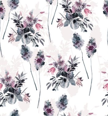 Beyaz arka planda vazo ve çiçeklerle kusursuz suluboya deseni.