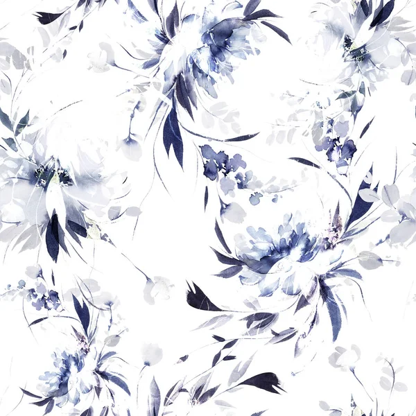 Nahtloses Sommermuster Mit Handgefertigten Aquarellblumen Indigo — Stockfoto