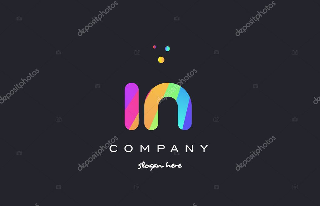 In i n  creative rainbow green orange blue purple magenta pink artistic alphabet company letter logo design vector icon template
