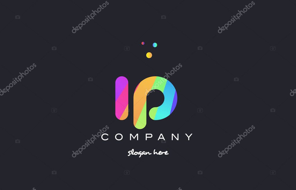 Ip i p  creative rainbow green orange blue purple magenta pink artistic alphabet company letter logo design vector icon template
