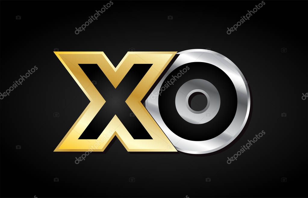 XO X O gold golden silver alphabet letter metal metallic grey black white background combination join joined together logo vector creative company identity icon design template modern