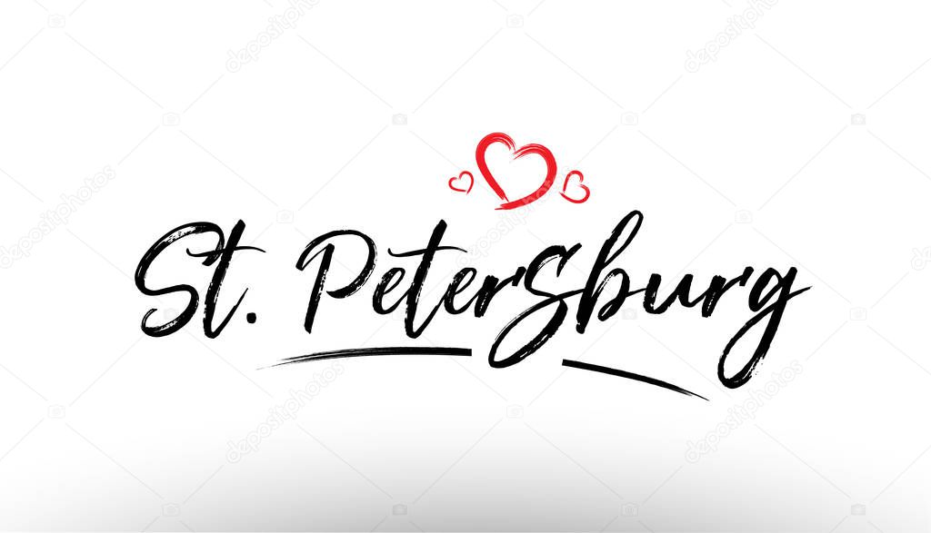 Beautiful hand written text typography design of europe european city st petersburg name logo with red heart suitable for tourism or visit promotion