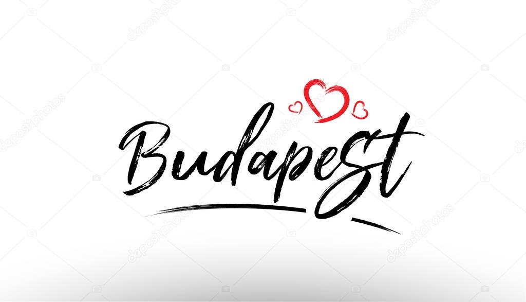 Beautiful hand written text typography design of europe european city budapest name logo with red heart suitable for tourism or visit promotion