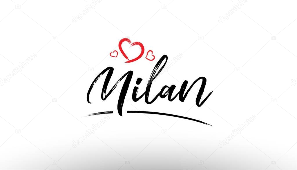 Beautiful hand written text typography design of europe european city milan name logo with red heart suitable for tourism or visit promotion