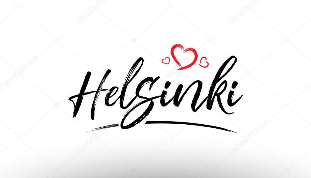 Beautiful hand written text typography design of europe european city helsinki name logo with red heart suitable for tourism or visit promotion