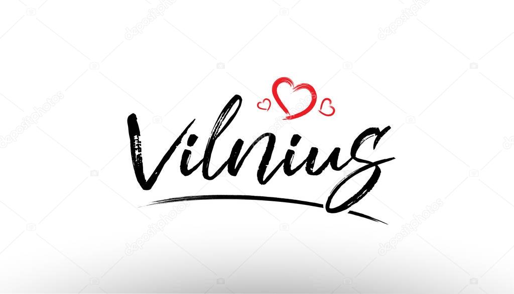 Beautiful hand written text typography design of europe european city vilnius name logo with red heart suitable for tourism or visit promotion