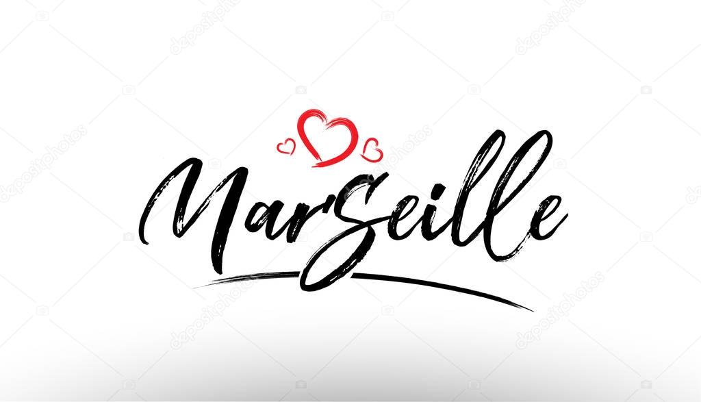 Beautiful hand written text typography design of europe european city marseille name logo with red heart suitable for tourism or visit promotion