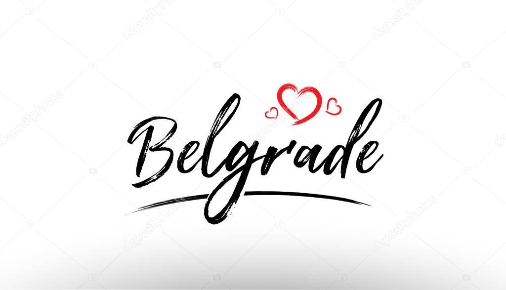 Beautiful hand written text typography design of europe european city belgrade name logo with red heart suitable for tourism or visit promotion