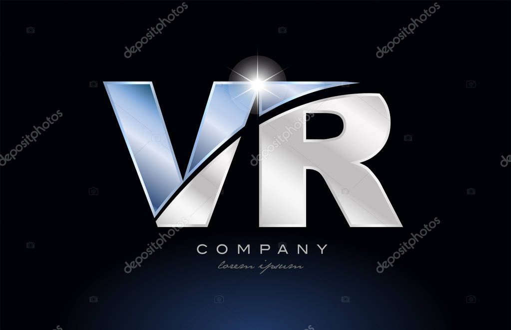 Alphabet letter vr v r logo design with metal blue color suitable for a company or business
