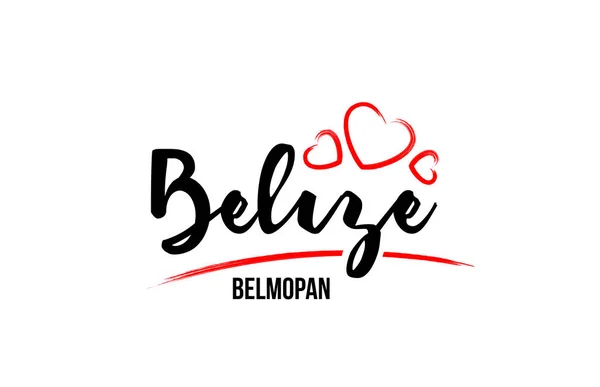 Belize paese con cuore d'amore rosso e la sua capitale Belmopan crea — Vettoriale Stock