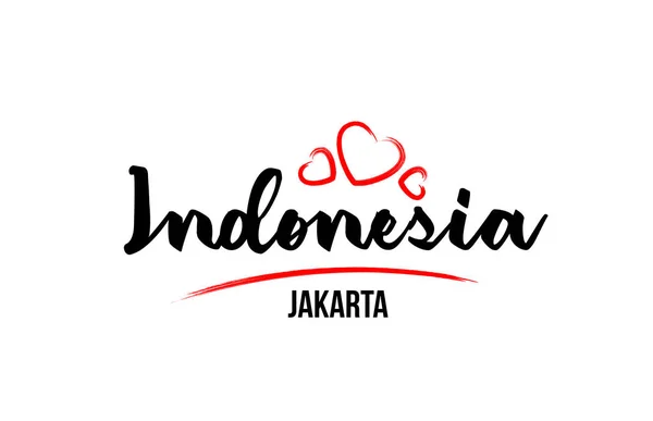 Indonesië land met rood hart en hoofdstad Jakarta cr — Stockvector