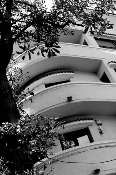 Edificio di architettura con balconi e albero da vicino nero e — Foto Stock