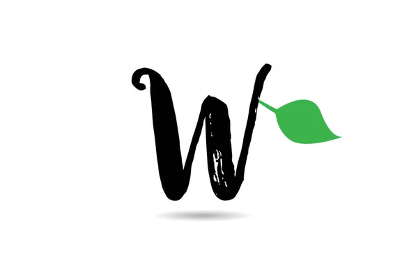 W harfi grunge el yazısı geen yaprağı alfabe harfi simgesi simgesi — Stok Vektör
