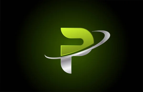 具有灰色Swoosh设计的企业和公司的P绿色金属字母图标 — 图库矢量图片