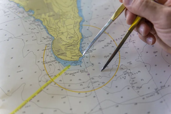 Closeup Male Hand Navigating Old Map — 스톡 사진