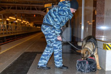 Eğitimli bir Alman çoban köpeği olan kadın polis memuru ya uyuşturucunun kokusunu alır ya da bagajdaki bombayı. Metro istasyonu..
