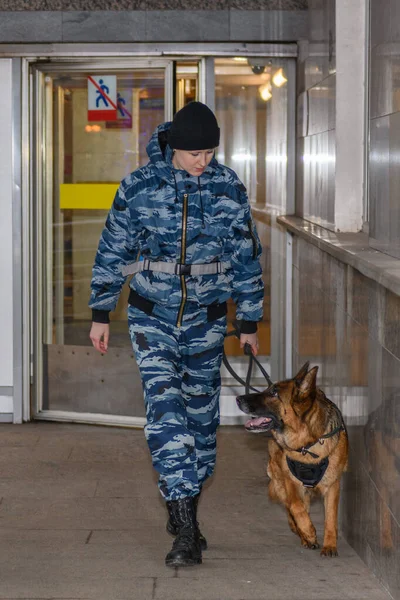 Vrouwelijke Politieagent Met Een Getrainde Hond Ruikt Drugs Bom Bagage — Stockfoto