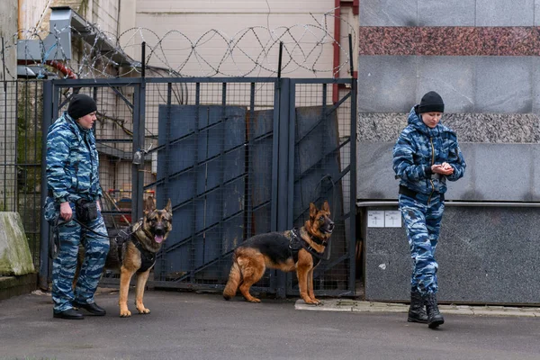 Vrouwelijke Politieagenten Met Een Getrainde Hond Patrouilleren Stad — Stockfoto