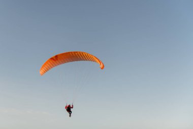 Paraglider flying over thesea shore at sunset. Paragliding sport concept.
