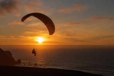 Paraglider flying over thesea shore at sunset. Paragliding sport concept.