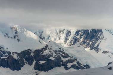 Buzullu ve dağlı Antarktika plajı, keşif gemisinden manzara