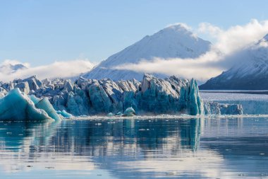 Yaz mevsiminde Svalbard 'da buzul manzarası. Güneşli hava.